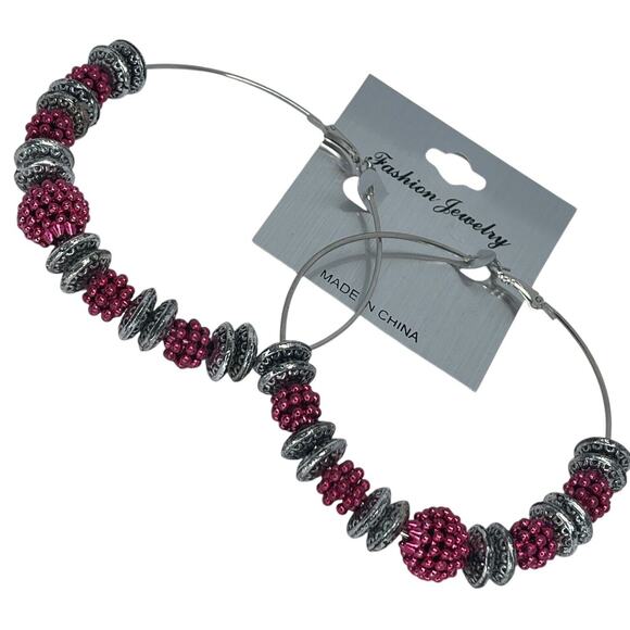 Silver Tone Bead Hoop Earrings Disc Style Boho Fashion Trendy Statement NWT - Picture 1 of 9